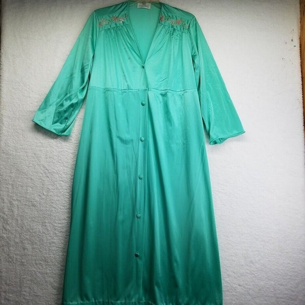 Vintage Montgomery Ward‎ Robe Sz Small Mint Green Embroidered Button Front Nylon